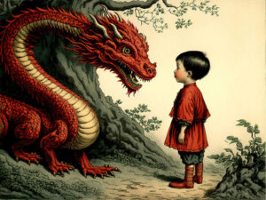 Dragon (feelings) confronting a little boy